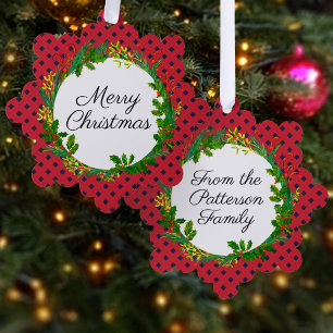 Elegant Wreath Modern Red Add Name Christmas Tree Decoration Card