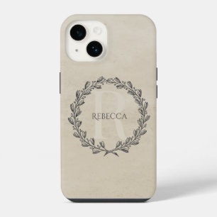 Elegant Wreath Monogram Beige iPhone 14 Case