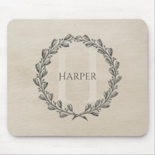 Elegant Wreath Monogram   Beige Mouse Pad