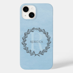 Elegant Wreath Monogram Blue Case-Mate iPhone 14 Case