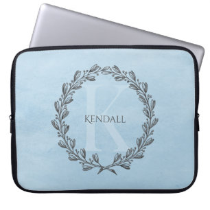 Elegant Wreath Monogram Blue Laptop Sleeve