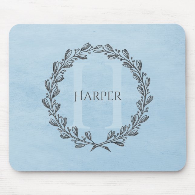 Elegant Wreath Monogram | Blue Mouse Pad (Front)