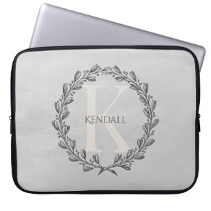 Elegant Wreath Monogram   Grey Laptop Sleeve