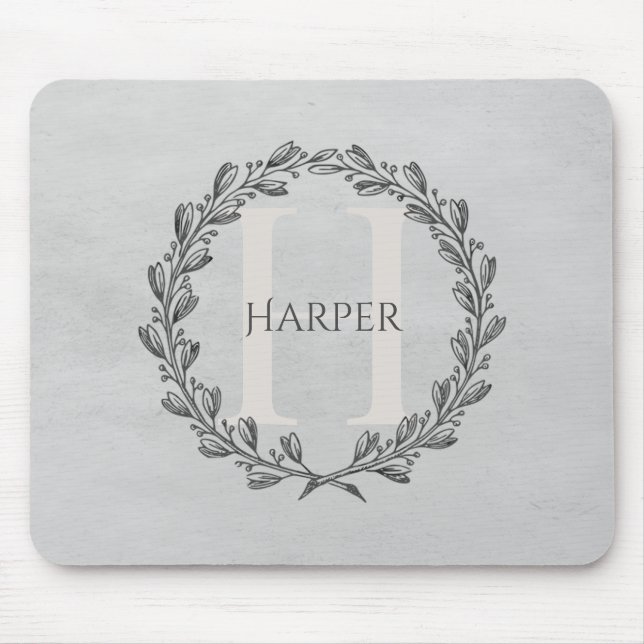 Elegant Wreath Monogram | Grey Mouse Pad (Front)