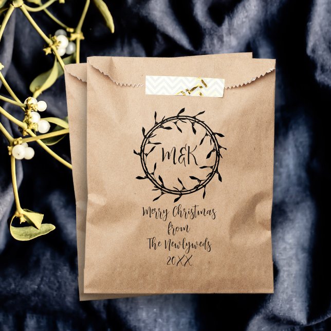 Elegant Wreath Monogram Merry Christmas Favour Bag (Merry Christmas from the Newlyweds! Just add your initials and name)