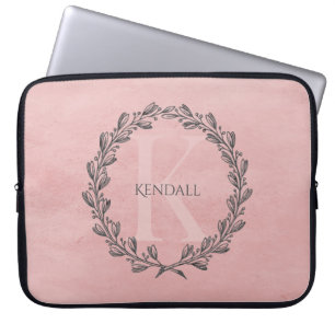 Elegant Wreath Monogram   Pink Laptop Sleeve
