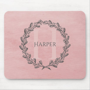 Elegant Wreath Monogram Pink Mouse Pad