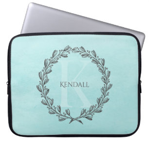 Elegant Wreath Monogram   Teal Laptop Sleeve