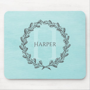 Elegant Wreath Monogram   Teal Mouse Pad