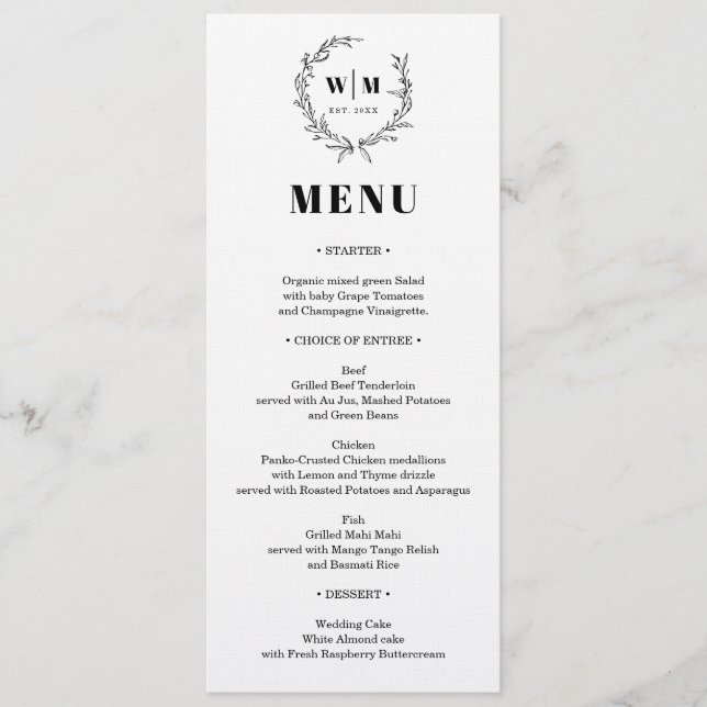 Elegant Wreath Monogram Wedding Menu Invitation (Front)