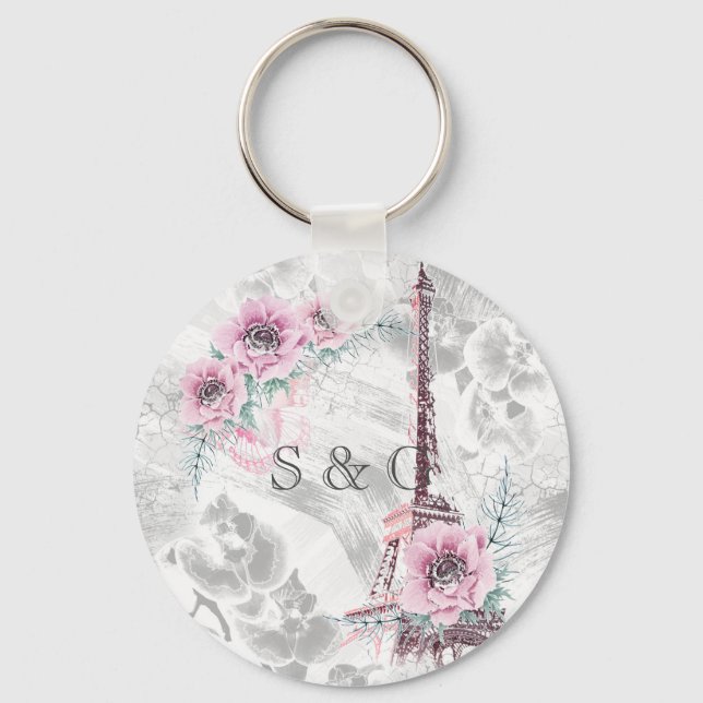 Elegant Wreath of pink flowers. Key Ring (Front)
