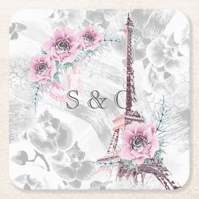 Elegant Wreath of pink flowers. Square Paper Coaster (Front)