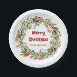Elegant Wreath Personalised Christmas  Paper Plate<br><div class="desc">Red-green berries and branches winter Christmas wreath paper plates. Customisable!</div>