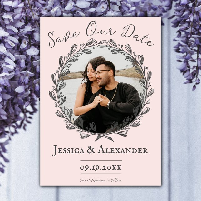 Elegant Wreath Photo Frame | Pink Save The Date (Pink Elegant Wreath Frame Photo Save the Date )