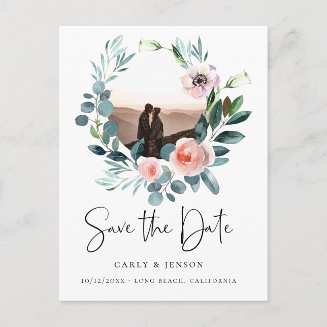 Elegant Wreath Photo Save the Date Announcement Postcard (Front)