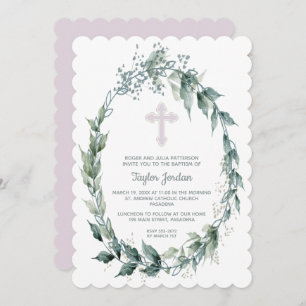 Elegant Wreath Pink Cross Baptism Invitations