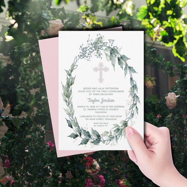 Elegant Wreath Pink Cross First Communion Invitation (Elegant Wreath Pink Cross First Communion Invitations)