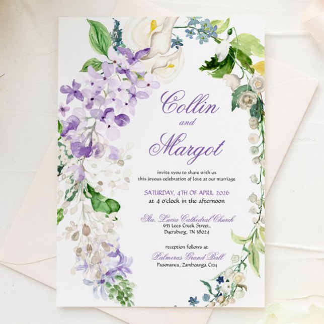 Elegant Wreath Purple Florals Wedding Invitation (Creator Uploaded)