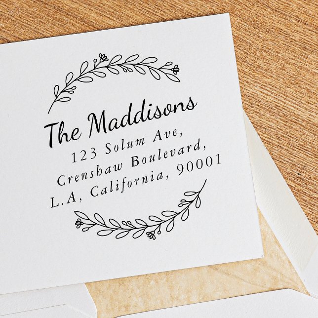 Elegant Wreath Script Family Name Return Address Rubber Stamp (Creator Uploaded)