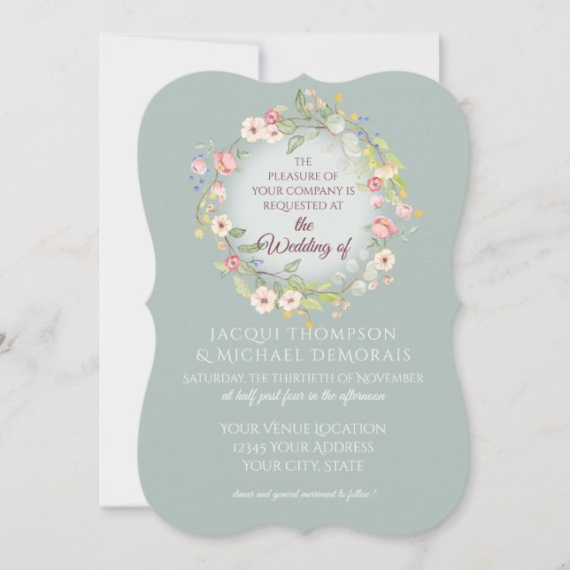 Elegant Wreath Silvery Sage Boho Floral Wedding Invitation (Front)