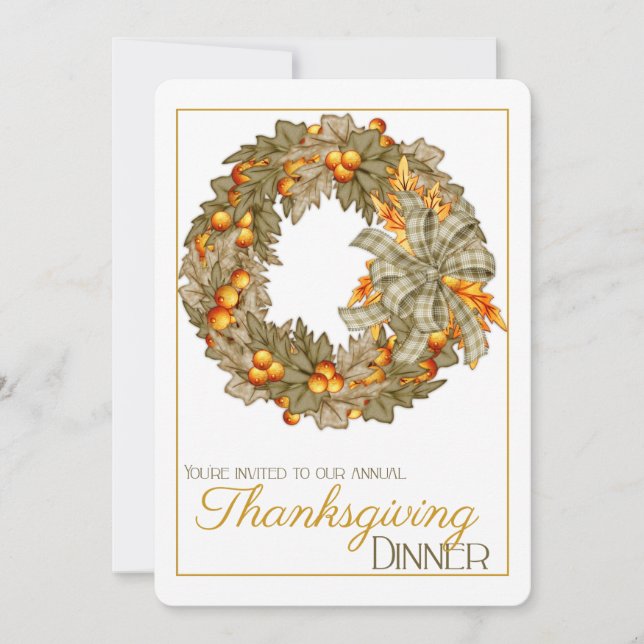 Elegant Wreath Thanksgiving dinner party invite 13 (Front)