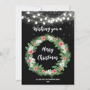 Elegant Wreath with String Lights Christmas Holiday Card