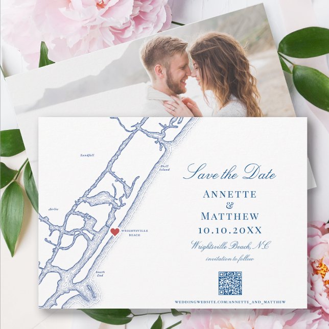 Elegant Wrightsville Beach QR code Wedding Save The Date (Elegant Wrightsville Beach NC Save the Date with QR code and engagement photo and navy blue map)
