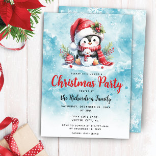 Elegant Xmas Party Cute Penguin Blue Christmas Invitation