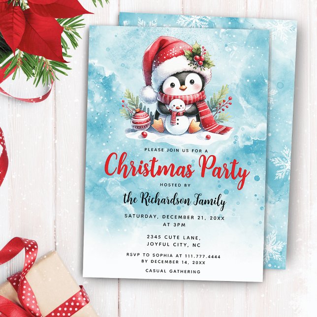 Elegant Xmas Party Cute Penguin Blue Christmas Invitation (Creator Uploaded)