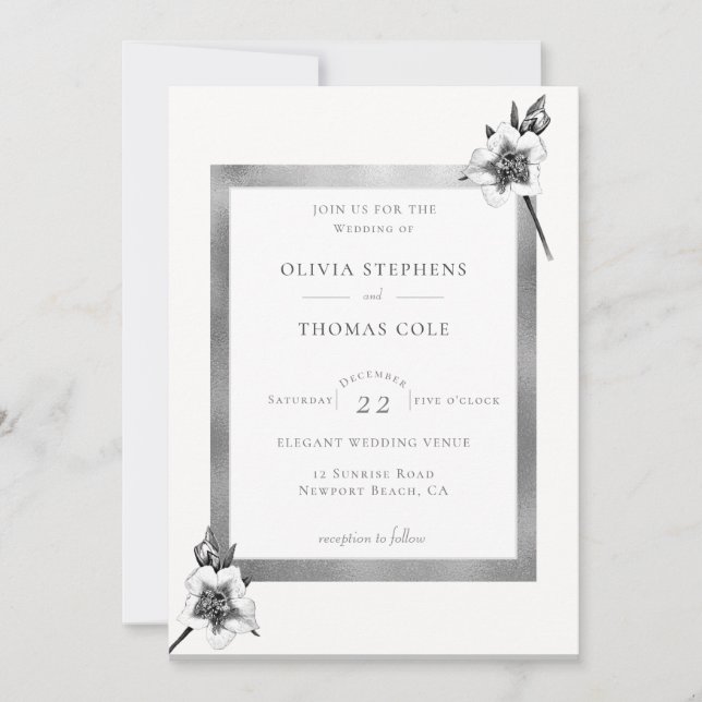 Elegant Xmas Roses White Gold Christmas Wedding Invitation (Front)