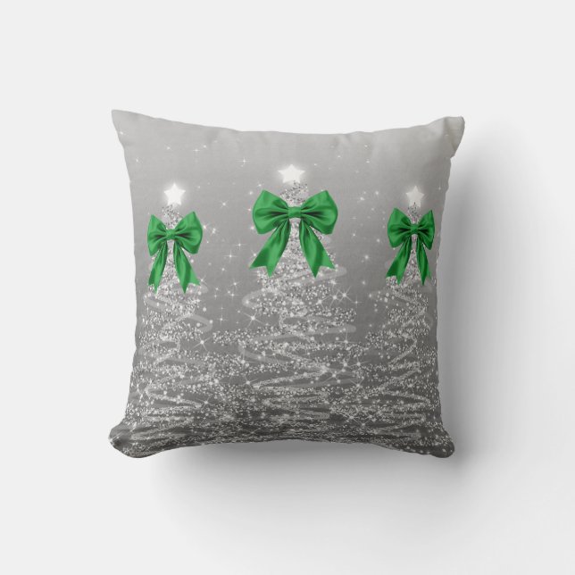 Elegant Xmas Sparkling Trees Silver Faux Green Bow Cushion (Front)