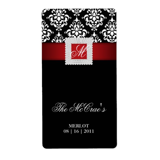 Elegant Xmas Wedding Wine Label Jewels Red Black (Front)