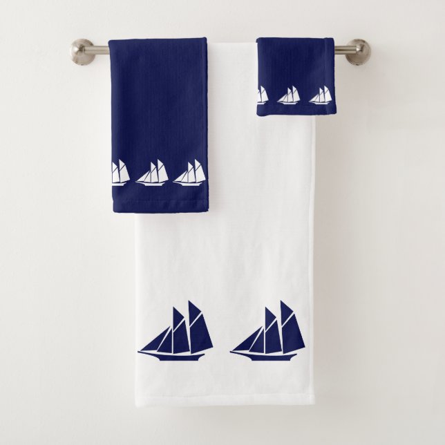 Elegant Yachts on Navy Blue and White Bath Towel Set (Insitu)