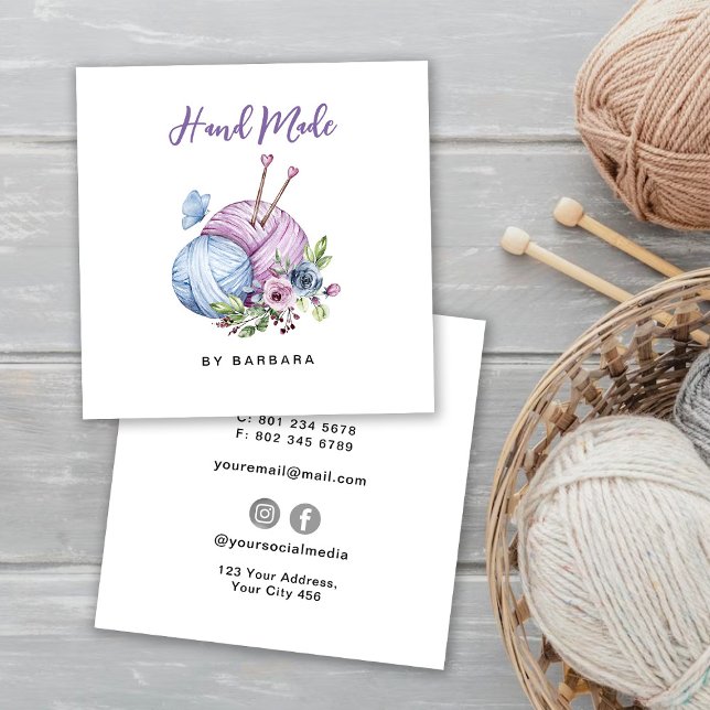 Elegant Yarn  Knitting Needles Square Business Card (Creator Uploaded)