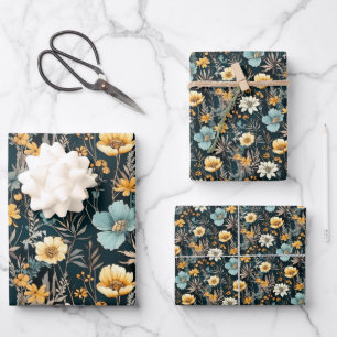 Elegant Yellow and Black Floral Wrapping Paper Sheet
