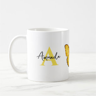 Elegant Yellow and Black Monogramed Name Butterfly Coffee Mug