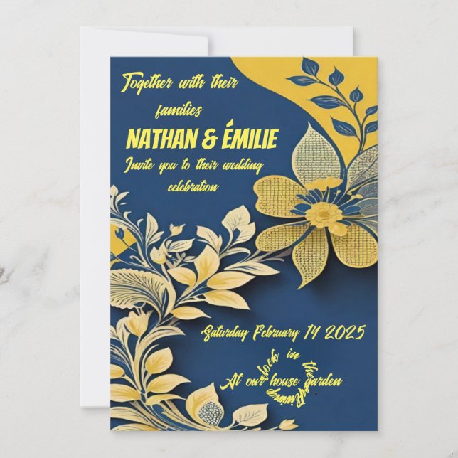 Elegant yellow and blue wedding invitation  (Front)