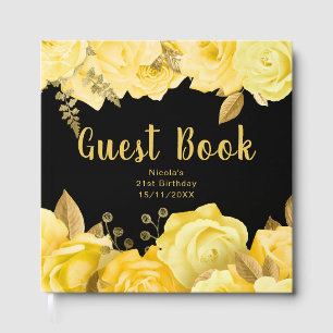 Elegant Yellow and Gold Flowers Birthday Party Guest Book