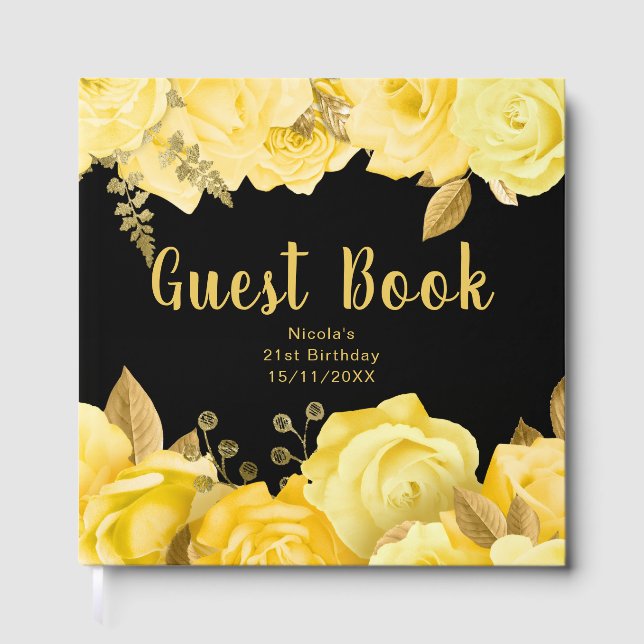 Elegant Yellow and Gold Flowers Birthday Party Guest Book (Front)