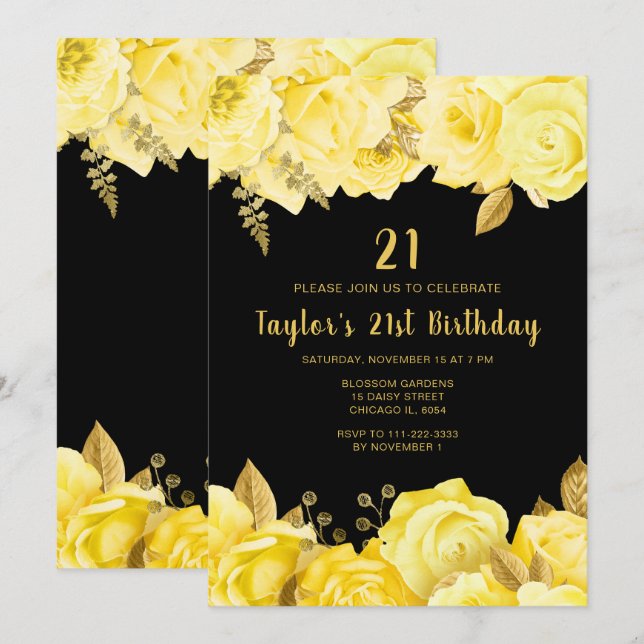 Elegant Yellow and Gold Flowers Birthday Party Invitation (Front/Back)