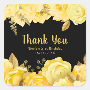 Elegant Yellow and Gold Flowers Birthday Party Square Sticker