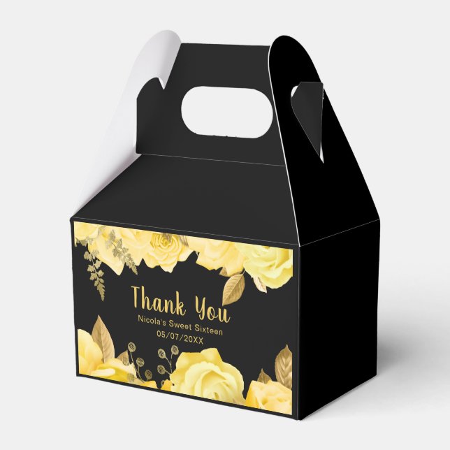 Elegant Yellow and Gold Flowers Sweet Sixteen Favour Box (Front Side)