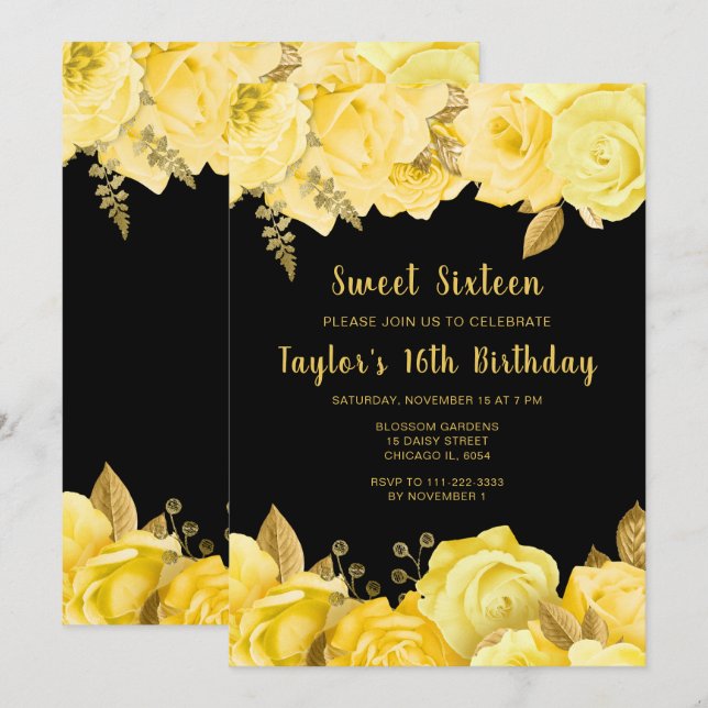 Elegant Yellow and Gold Flowers Sweet Sixteen Invitation (Front/Back)