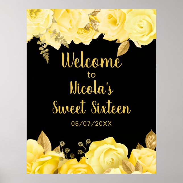 Elegant Yellow and Gold Flowers Sweet Sixteen Poster (Front)