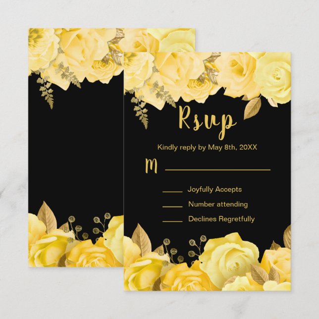 Elegant Yellow and Gold Flowers Sweet Sixteen RSVP Card (Front/Back)