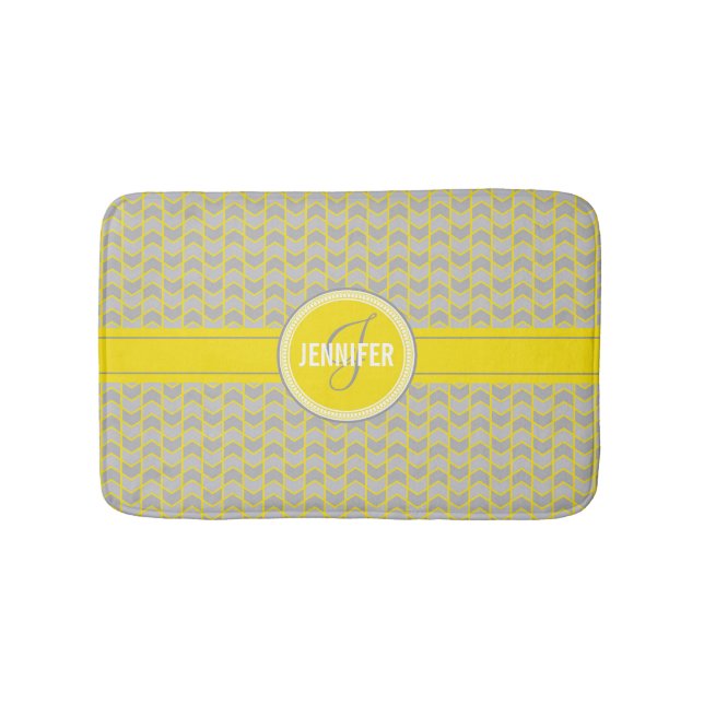 Elegant yellow and grey chevron monogrammed name bath mat (Front)