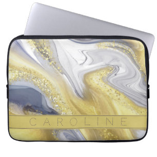 Elegant Yellow And Grey Gold Marble Effect Name Laptop Sleeve