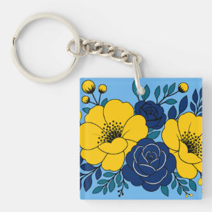 Elegant Yellow and Navy Blue Floral Design Key Ring