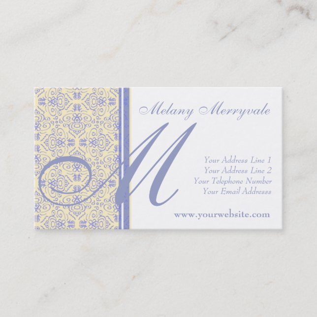 Elegant Yellow and Purple Scrollwork Damask Business Card (Front)