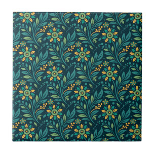 Elegant Yellow and Teal Floral Pattern Design Ceramic Tile